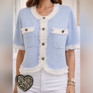Urban Revivo Light Blue Cropped Cardigan Heart Buttons Fringe Trim